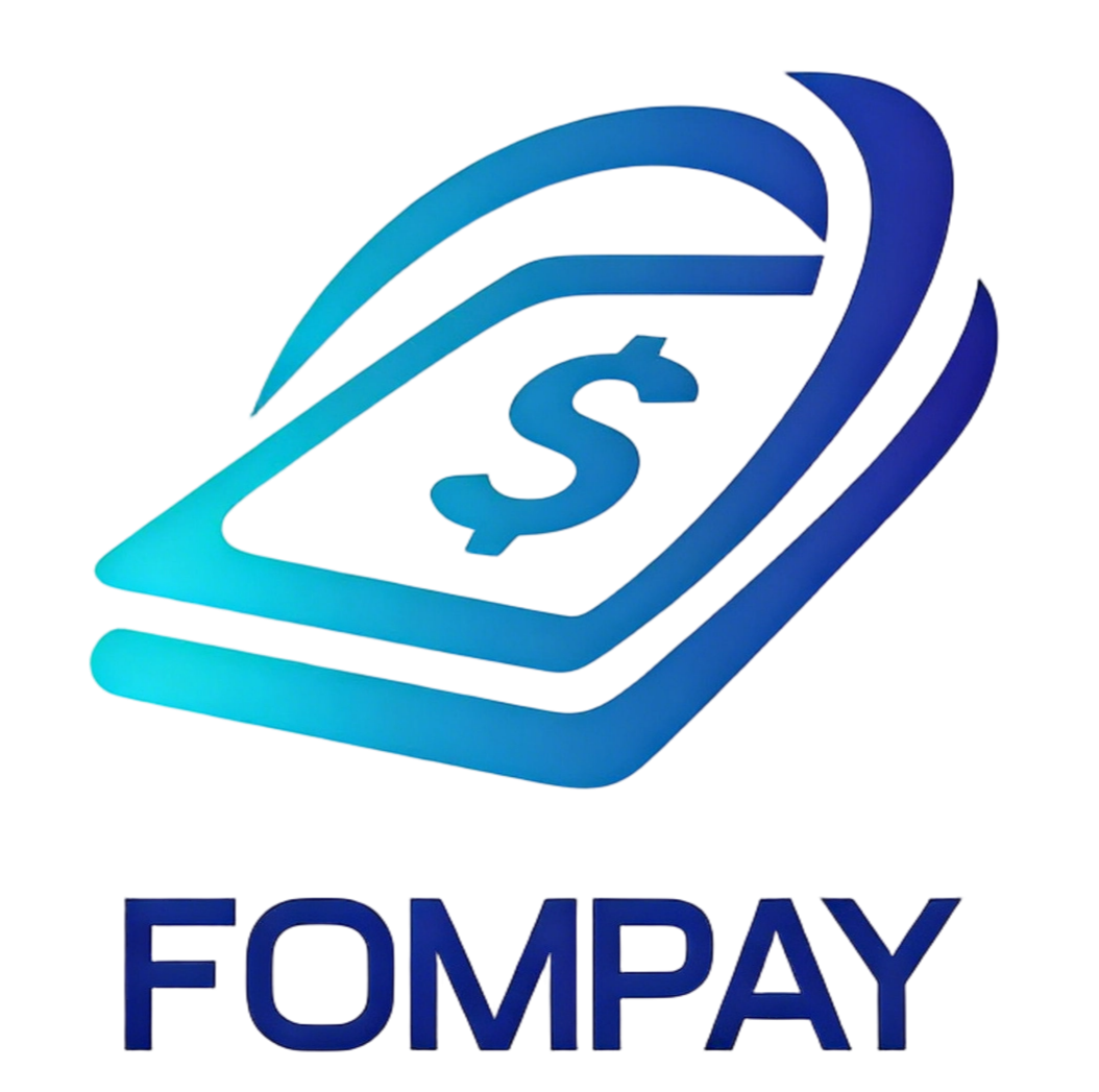 Fompay公司标志，深蓝色背景上的白色字母FOMPAY，现代简约设计风格