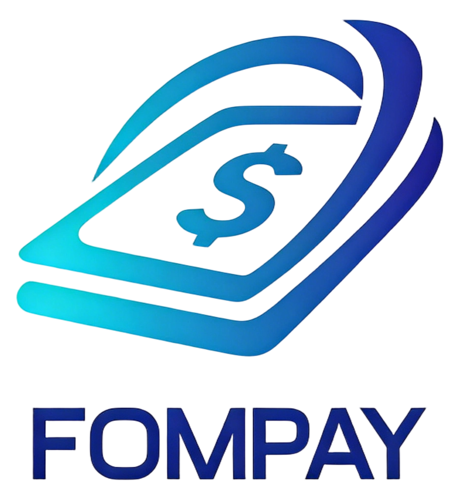 Fompay company logo, modern minimalist design with white letters FOMPAY on dark blue background